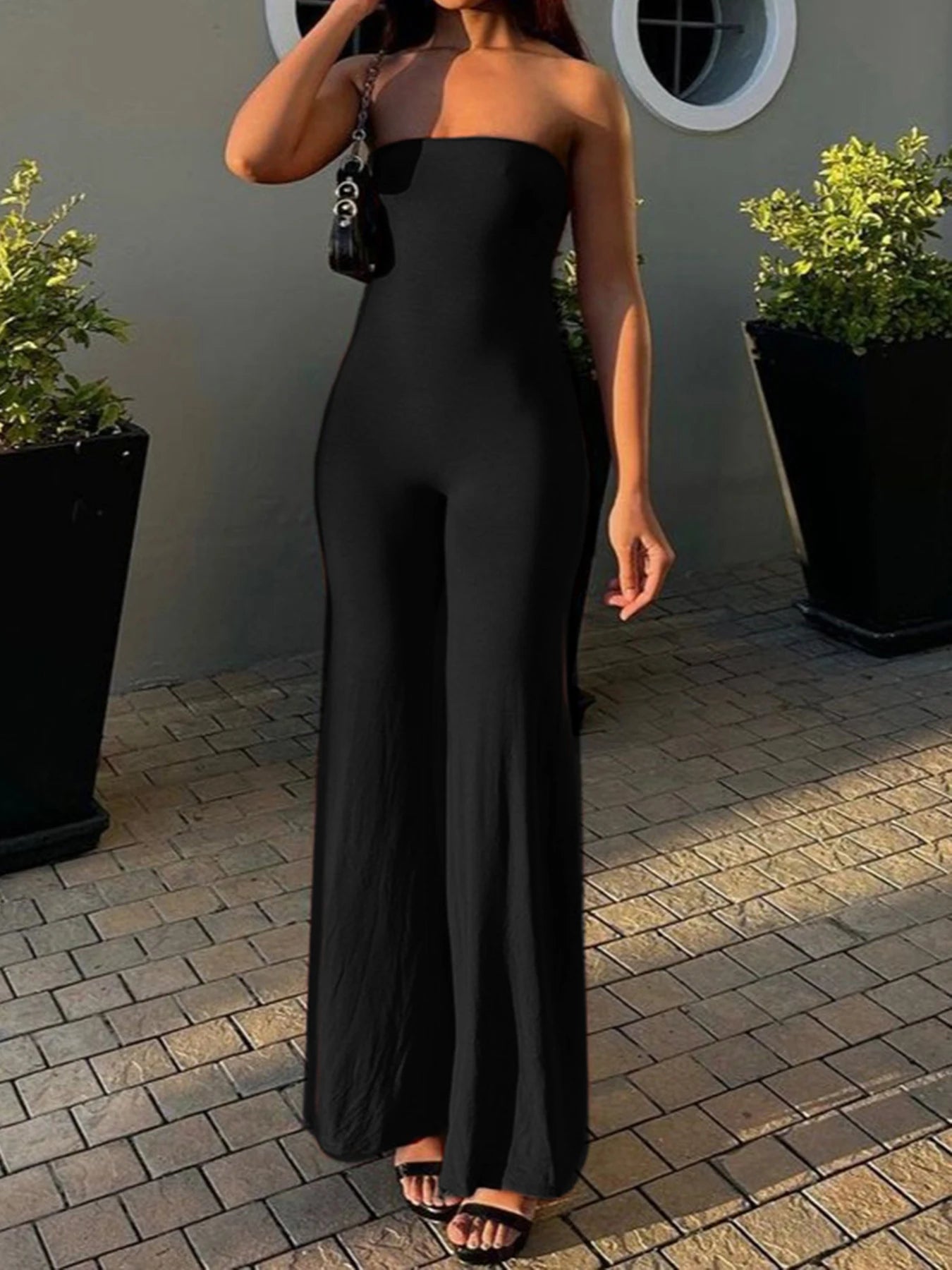 Strapless Elegant Long Jumpsuits For Women Slim Wide Leg Flared Rompers Simple Fashion