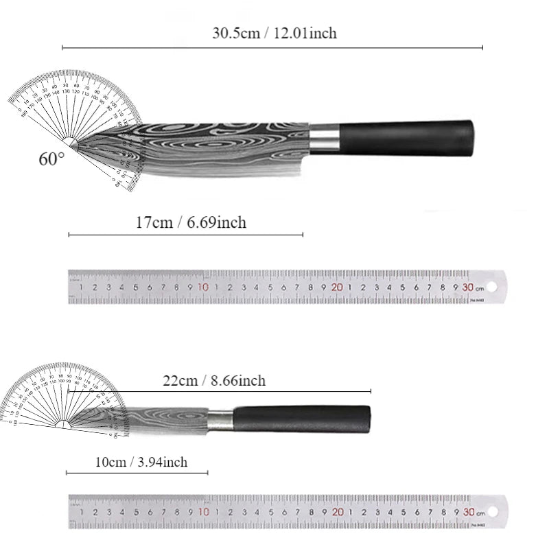 Laser Damascus Pattern Utility Kitchen Knife Set – This high-quality stainless steel collection features a precision chef's knife, integrated kitchen scissors, and a sharpening rod, delivering exceptional slicing performanc