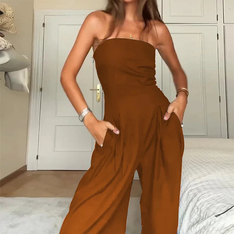 Women's Strapless Jumpsuit – Sleeveless, solid color summer style with loose, wide-leg design.