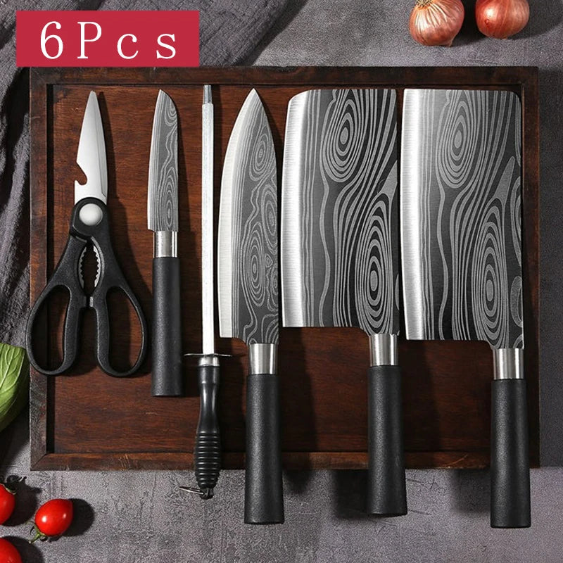 Laser Damascus Pattern Utility Kitchen Knife Set – This high-quality stainless steel collection features a precision chef's knife, integrated kitchen scissors, and a sharpening rod, delivering exceptional slicing performanc