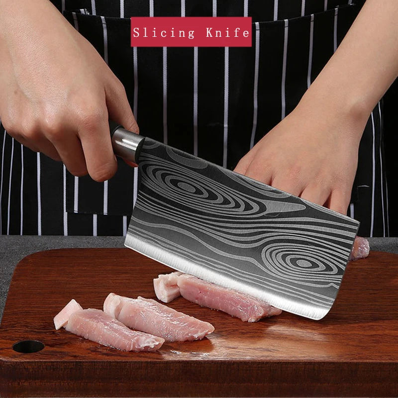 Laser Damascus Pattern Utility Kitchen Knife Set – This high-quality stainless steel collection features a precision chef's knife, integrated kitchen scissors, and a sharpening rod, delivering exceptional slicing performanc