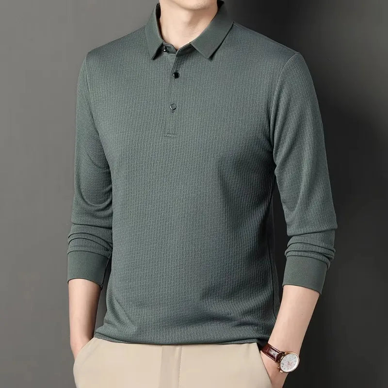 Autumn Men's Long-sleeve Polo Shirt: Breathable, hollow design, business style with lapel