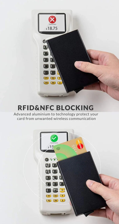 RFID-Enabled Minimalist Metal Wallet – This sleek, slim card holder is designed for both men and women, featuring a smart pop-up mechanism for effortless access. With RFID-blocking technology, it’s the ultimate minimalist
