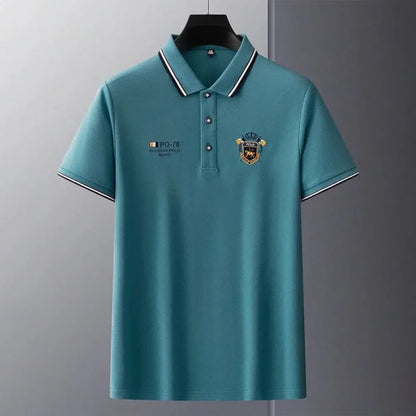 Summer Cotton Short Sleeve Polo Shirt: Lightweight, anti-wrinkle, luxury embroidered design with lapel.