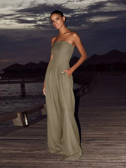 Women's Jumpsuit Solid Off Shoulder Waist Cinching Pockets Wide Leg Pants