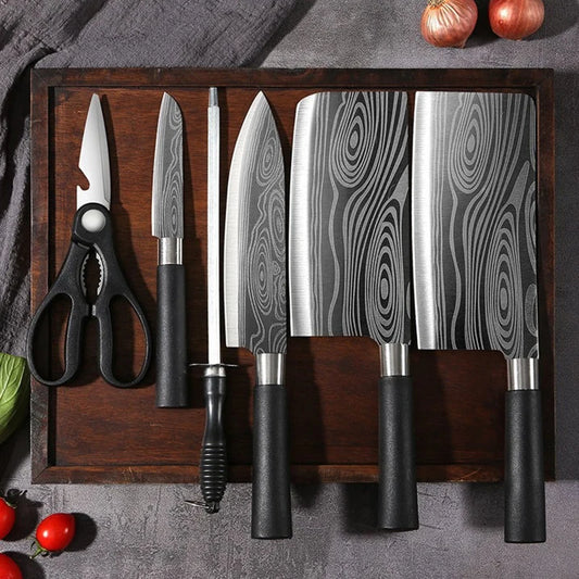 Laser Damascus Pattern Utility Kitchen Knife Set – This high-quality stainless steel collection features a precision chef's knife, integrated kitchen scissors, and a sharpening rod, delivering exceptional slicing performanc