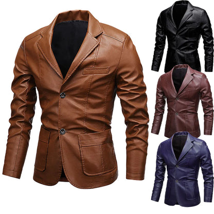 Sleek Slim-Fit Men's PU Leather Jacket – Elevate your style with this versatile jacket featuring a button turn-down collar. Blending business elegance with biker edge, its modern slim fit makes it a standout piece for any o