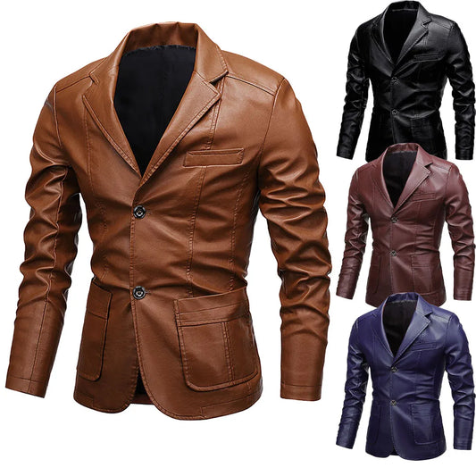Sleek Slim-Fit Men's PU Leather Jacket – Elevate your style with this versatile jacket featuring a button turn-down collar. Blending business elegance with biker edge, its modern slim fit makes it a standout piece for any o