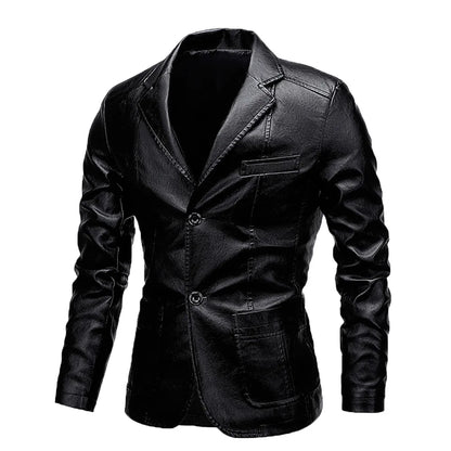 Sleek Slim-Fit Men's PU Leather Jacket – Elevate your style with this versatile jacket featuring a button turn-down collar. Blending business elegance with biker edge, its modern slim fit makes it a standout piece for any o