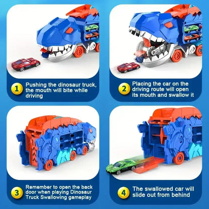 Transport Dinosaur Truck with Foldable Sliding Race Track Transforms into Standing T-rex