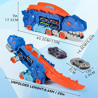 Transport Dinosaur Truck with Foldable Sliding Race Track Transforms into Standing T-rex