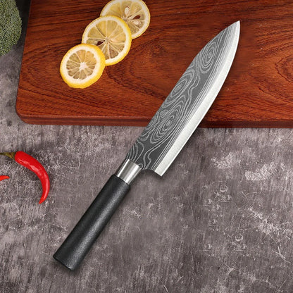 Laser Damascus Pattern Utility Kitchen Knife Set – This high-quality stainless steel collection features a precision chef's knife, integrated kitchen scissors, and a sharpening rod, delivering exceptional slicing performanc