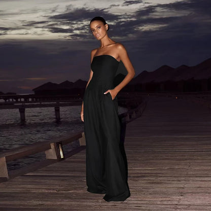 Women's Jumpsuit Solid Off Shoulder Waist Cinching Pockets Wide Leg Pants