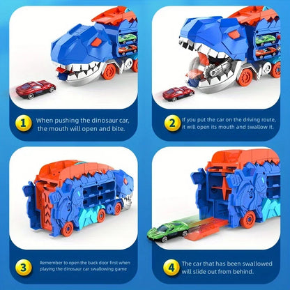 Transport Dinosaur Truck with Foldable Sliding Race Track Transforms into Standing T-rex