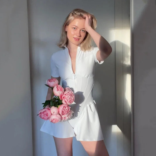 Tight Skirt jumpsuit Spring/Summer New Women's Round Neck Short Sleeve Zipper Bottom Shirt