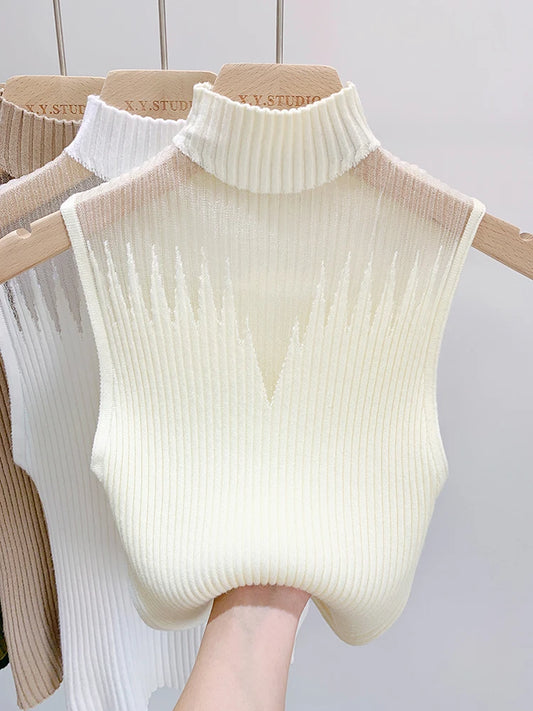 Chic Y2K Mesh Knit Tank Top – Half-Neck, Sleeveless, Slim-Fit & Stylish Vest