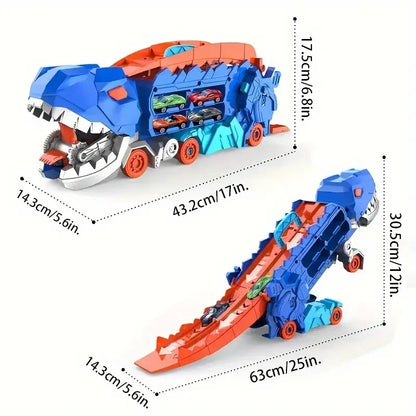 Transport Dinosaur Truck with Foldable Sliding Race Track Transforms into Standing T-rex