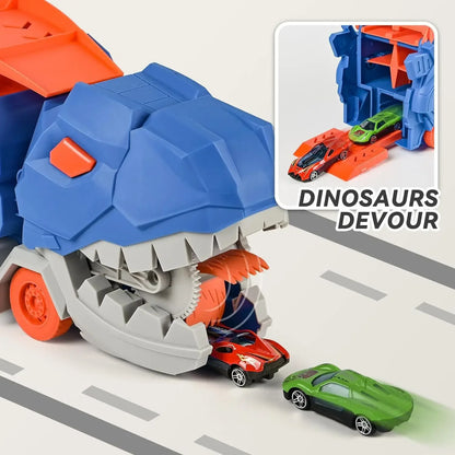 Transport Dinosaur Truck with Foldable Sliding Race Track Transforms into Standing T-rex