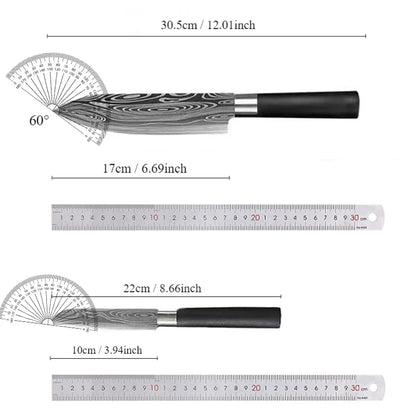 Laser Damascus Pattern Utility Kitchen Knife Set – This high-quality stainless steel collection features a precision chef's knife, integrated kitchen scissors, and a sharpening rod, delivering exceptional slicing performanc