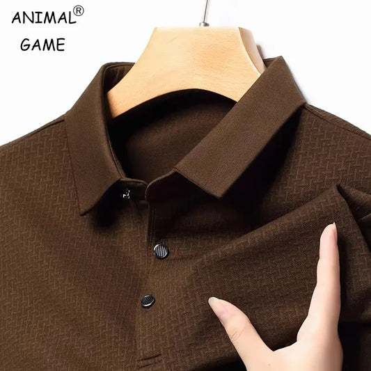 Autumn Men's Long-sleeve Polo Shirt: Breathable, hollow design, business style with lapel