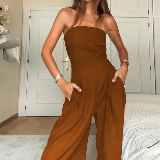 Women's Strapless Jumpsuit – Sleeveless, solid color summer style with loose, wide-leg design.