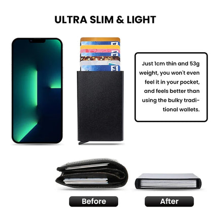 RFID-Enabled Minimalist Metal Wallet – This sleek, slim card holder is designed for both men and women, featuring a smart pop-up mechanism for effortless access. With RFID-blocking technology, it’s the ultimate minimalist