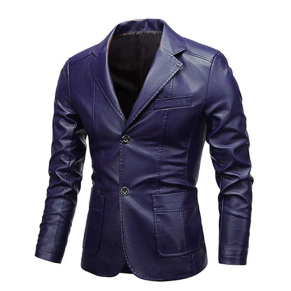 Sleek Slim-Fit Men's PU Leather Jacket – Elevate your style with this versatile jacket featuring a button turn-down collar. Blending business elegance with biker edge, its modern slim fit makes it a standout piece for any o