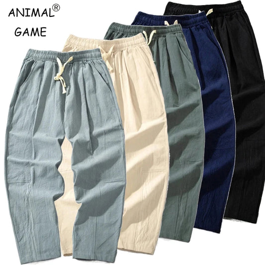 Summer Men's Versatile Cotton Trousers – Enjoy summer comfort with these long pants featuring a drawstring waist and baggy fits for an adaptable, casual look.