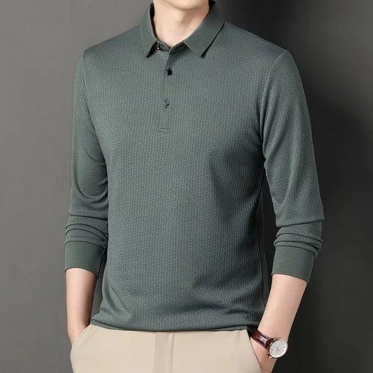 Autumn Men's Long-sleeve Polo Shirt: Breathable, hollow design, business style with lapel