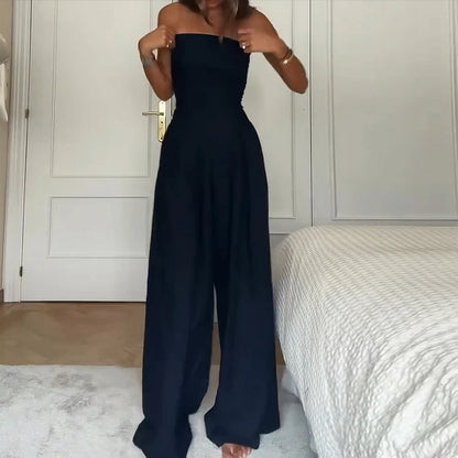 Women's Strapless Jumpsuit – Sleeveless, solid color summer style with loose, wide-leg design.