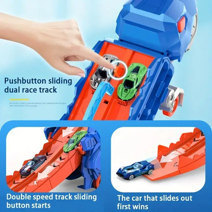 Transport Dinosaur Truck with Foldable Sliding Race Track Transforms into Standing T-rex