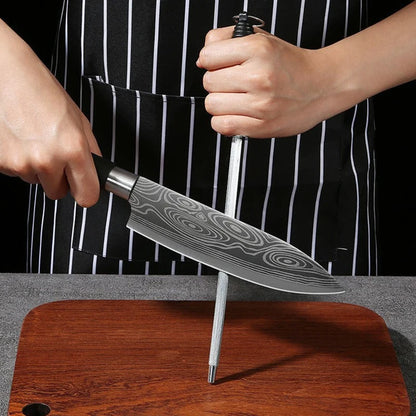 Laser Damascus Pattern Utility Kitchen Knife Set – This high-quality stainless steel collection features a precision chef's knife, integrated kitchen scissors, and a sharpening rod, delivering exceptional slicing performanc