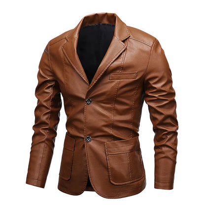 Sleek Slim-Fit Men's PU Leather Jacket – Elevate your style with this versatile jacket featuring a button turn-down collar. Blending business elegance with biker edge, its modern slim fit makes it a standout piece for any o