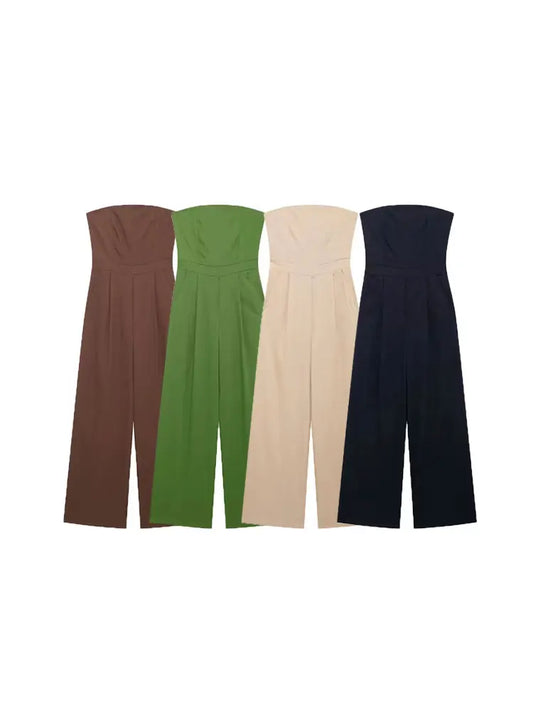 Strapless Linen Jumpsuits for Women, Straight Neck, Back Zipper, Female Playsuits, Chic Fashion