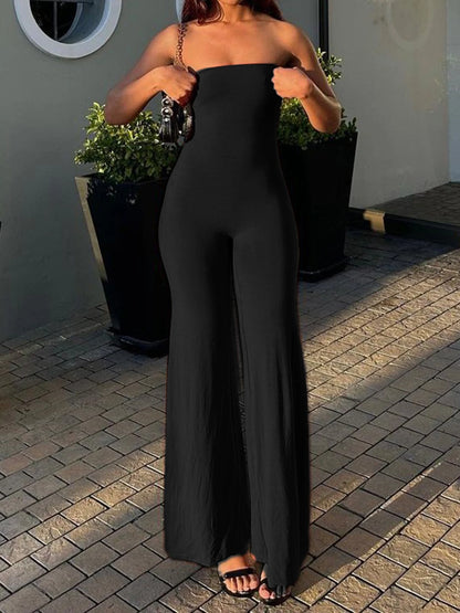 Strapless Elegant Long Jumpsuits For Women Slim Wide Leg Flared Rompers Simple Fashion