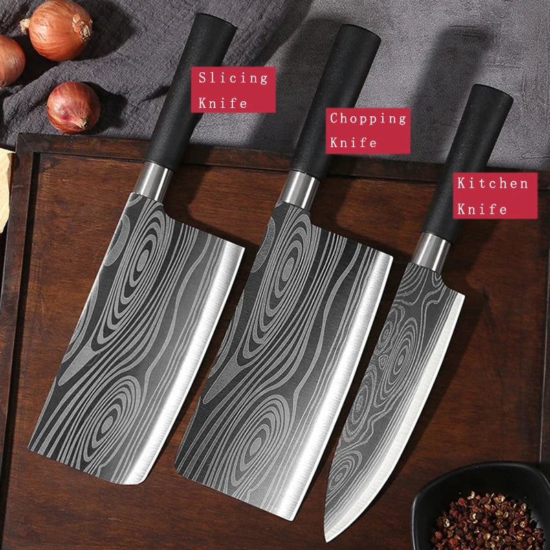 Laser Damascus Pattern Utility Kitchen Knife Set – This high-quality stainless steel collection features a precision chef's knife, integrated kitchen scissors, and a sharpening rod, delivering exceptional slicing performanc