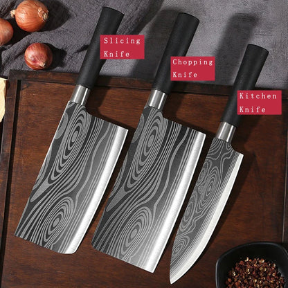 Laser Damascus Pattern Utility Kitchen Knife Set – This high-quality stainless steel collection features a precision chef's knife, integrated kitchen scissors, and a sharpening rod, delivering exceptional slicing performanc