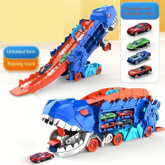 Transport Dinosaur Truck with Foldable Sliding Race Track Transforms into Standing T-rex