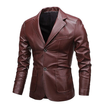 Sleek Slim-Fit Men's PU Leather Jacket – Elevate your style with this versatile jacket featuring a button turn-down collar. Blending business elegance with biker edge, its modern slim fit makes it a standout piece for any o